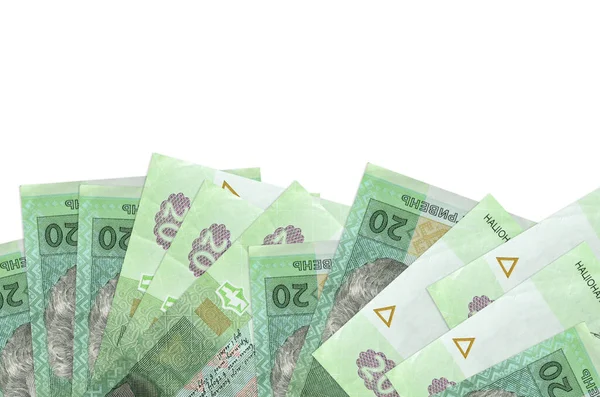 Ekranın alt tarafında 20 Ukrayna hrivniası banknotu var. Beyaz arka planda, kopyalama alanı ile izole edilmiş. Paralı iş kavramları için arkaplan afişi şablonu