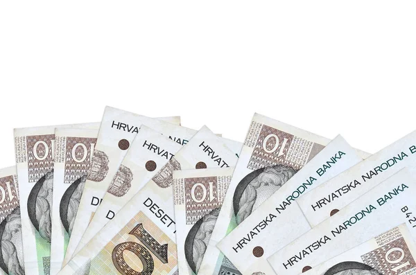 Ekranın alt tarafında bulunan 10 Hırvat kuna banknotu, beyaz zemin üzerinde fotokopi alanı ile izole bir şekilde duruyor. Paralı iş kavramları için arkaplan afişi şablonu