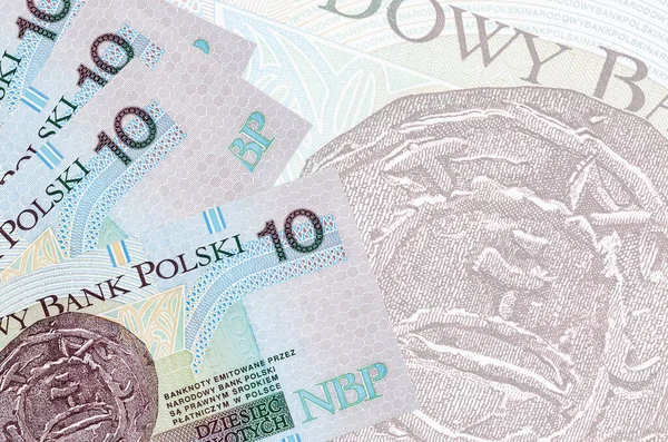 Polskich Złotych Leży Stosach Tle Dużego Półprzezroczystego Banknotu Streszczenie Kontekstu — Zdjęcie stockowe