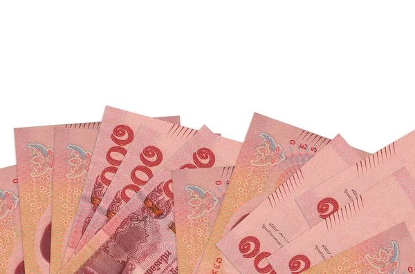 100 Tayland baht banknotu beyaz arka planda, kopya alanı ile birlikte ekranın alt tarafında bulunur. Paralı iş kavramları için arkaplan afişi şablonu