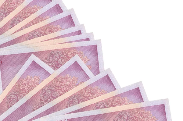 10 tane Estonya kroon banknotu beyaz arka planda izole edilmiş, fotokopi alanı da pervaneye yakın duruyor. Maaş zamanı kavramı veya finansal işlemler