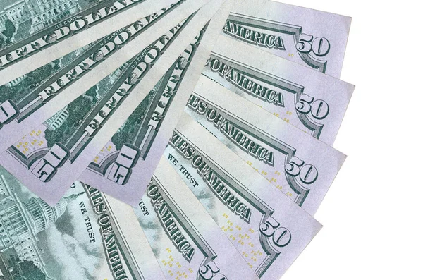 Dollars Biljetten Ligt Geïsoleerd Witte Achtergrond Met Kopieerruimte Gestapeld Ventilatorvorm — Stockfoto