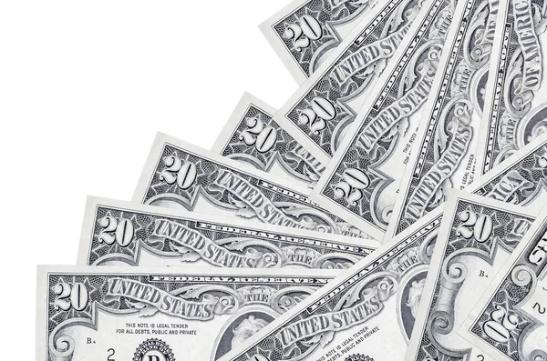 20 dolarlık banknotlar beyazın üzerinde ayrı bir sırayla duruyor. Yerel bankacılık ya da para kazanma konsepti. İş arkaplanı afişi