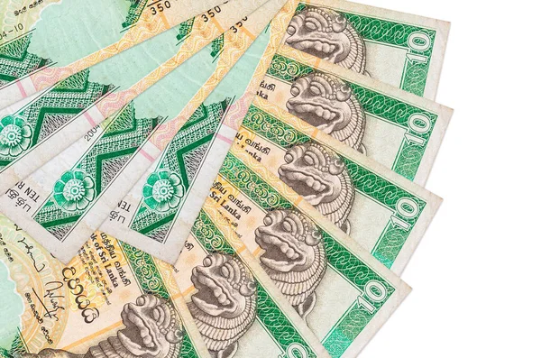 10 Sri Lanka Rupisi banknotları beyaz arka planda izole edilmiş, fotokopi alanı da yakın planda. Finansal işlemler kavramı