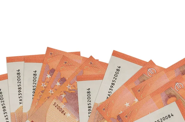 Ekranın alt tarafında 10 avroluk banknotlar var. Beyaz arka planda izole edilmiş ve fotokopi alanı var. Paralı iş kavramları için arkaplan afişi şablonu