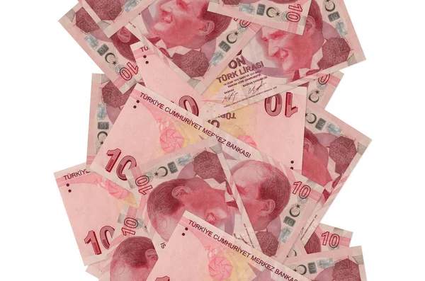 Türkische Lira Scheine Flogen Vereinzelt Auf Weiß Herunter Viele Banknoten — Stockfoto
