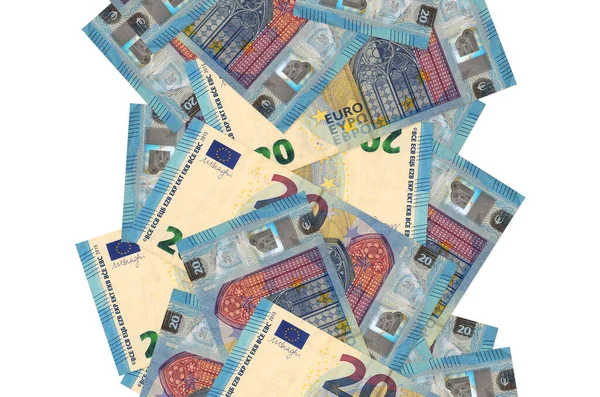 20 Euro 'luk banknotlar beyazlar üzerinde izole bir şekilde uçuyor. Birçok banknot sol ve sağ tarafta beyaz kopya alanı ile düşüyor