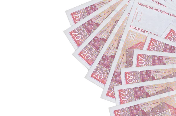 20 Hırvat kuna banknotu beyaz arka planda fotokopi alanı ile izole edilmiş yatıyor. Zengin yaşam kavramsal geçmişi. Büyük miktarda ulusal para birimi zenginliği