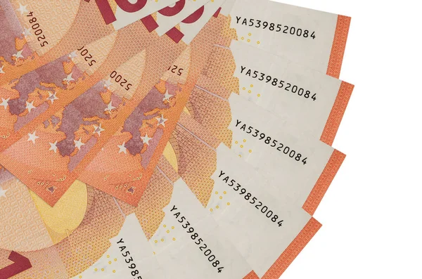 10 avroluk banknotlar beyaz arka planda izole edilmiş, fotokopi alanı da yakın planda. Finansal işlemler kavramı