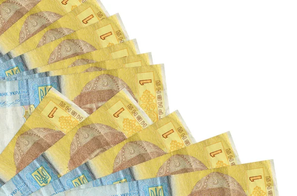 1 Ukrayna Hryvnia senedi beyaz arka planda izole edilmiş bir şekilde duruyor. Fan kaplamasında da kopya alanı var. Maaş zamanı kavramı veya finansal işlemler