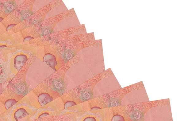 100 Tayland Baht banknotu beyaz arka planda izole edilmiş bir şekilde duruyor ve fotokopi alanı da pervaneye yakın duruyor. Maaş zamanı kavramı veya finansal işlemler