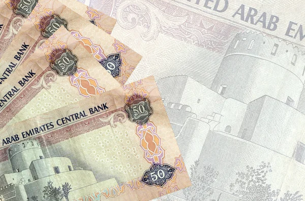 Banconote Dirham Degli Emirati Arabi Uniti Trovano Pila Sullo Sfondo — Foto Stock