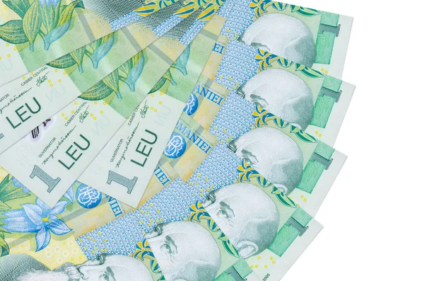 Roemeense Leu Biljetten Ligt Geïsoleerd Witte Achtergrond Met Kopieerruimte Gestapeld — Stockfoto