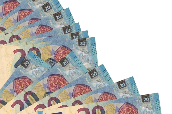 20 avroluk banknotlar beyaz arka planda izole edilmiş, fotokopi alanı da yakın planda. Maaş zamanı kavramı veya finansal işlemler