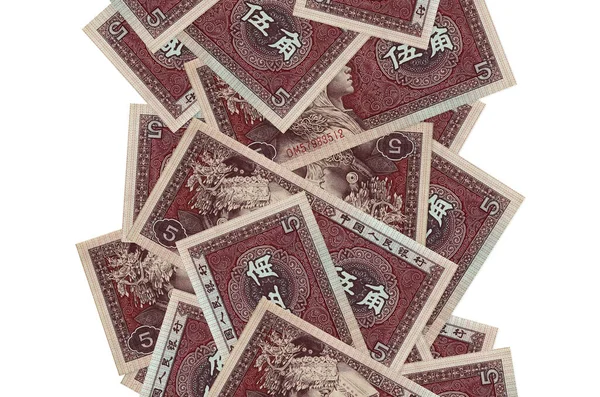 5 Çin yuanı banknotları beyazın üzerinde izole bir şekilde uçuyor. Birçok banknot sol ve sağ tarafta beyaz kopya alanı ile düşüyor