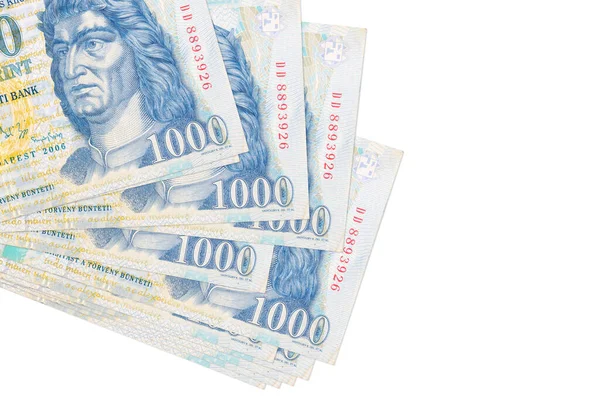1000 Macar forint banknotu küçük gruplar halinde ya da beyaza izole edilmiş paketler halinde bulunur. Kopyalama alanı olan bir model. İş ve para değişimi kavramı