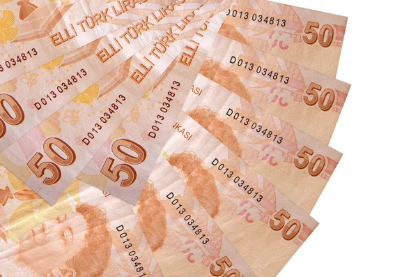 50 Türk lirası beyaz zemin üzerinde izole edilmiş, fotokopi alanı da fan şeklinde dizilmiş. Finansal işlemler kavramı