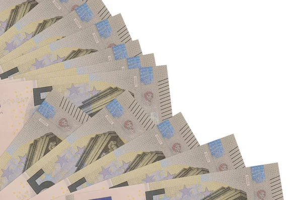 5 avroluk banknotlar beyaz arka planda izole edilmiş, fotokopi alanı da yakın planda. Maaş zamanı kavramı veya finansal işlemler