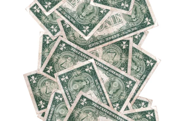 Beyaz üzerinde 1 Amerikan doları uçuyor. Birçok banknot sol ve sağ tarafta beyaz kopya alanı ile düşüyor