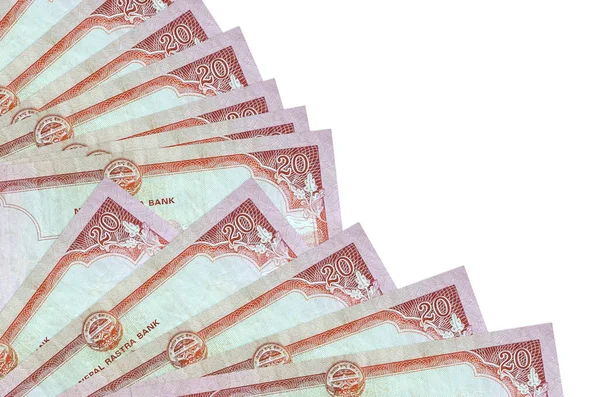 20 Nepal Rupisi banknotları beyaz arka planda izole edilmiş, fotokopi alanı da pervaneye yakın duruyor. Maaş zamanı kavramı veya finansal işlemler