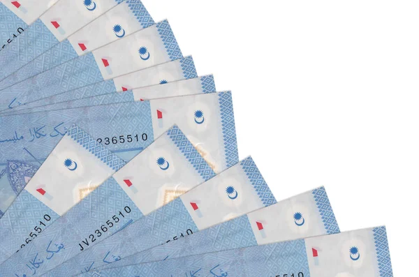 1 Malezya ringgit banknotları beyaz arkaplanda izole edilmiş, fotokopi alanı da pervaneye yakın duruyor. Maaş zamanı kavramı veya finansal işlemler