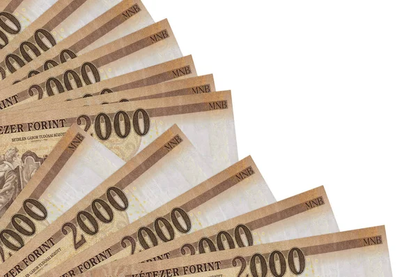 2000 Macar forint banknotları beyaz arka planda izole edilmiş, fotokopi alanı da pervaneye yakın duruyor. Maaş zamanı kavramı veya finansal işlemler
