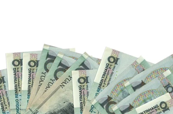 Ekranın alt tarafında 10 Çin yuan banknotu var. Beyaz arka planda, kopyalama alanı ile izole edilmiş. Paralı iş kavramları için arkaplan afişi şablonu