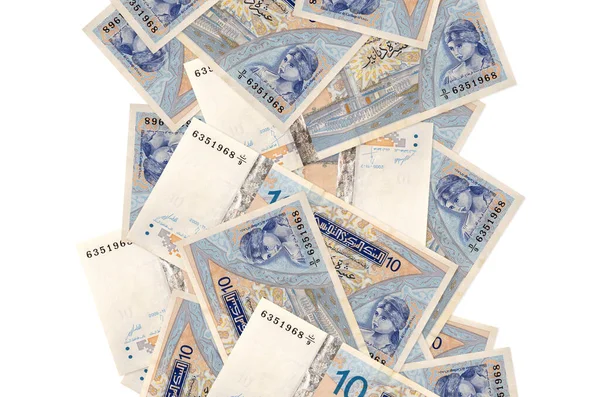 10突尼斯第纳尔钞票在白色上孤立地飞驰而下 许多钞票的左右两侧都有空白的空白 — 图库照片