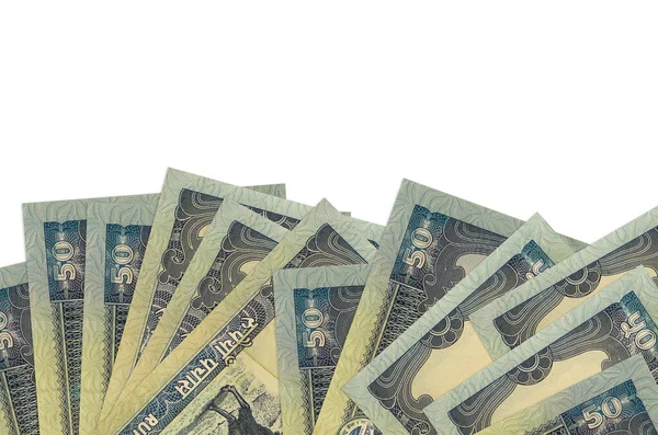 Ekranın alt tarafında 50 Nepal rupi banknot var. Beyaz arka planda izole edilmiş ve fotokopi alanı var. Paralı iş kavramları için arkaplan afişi şablonu