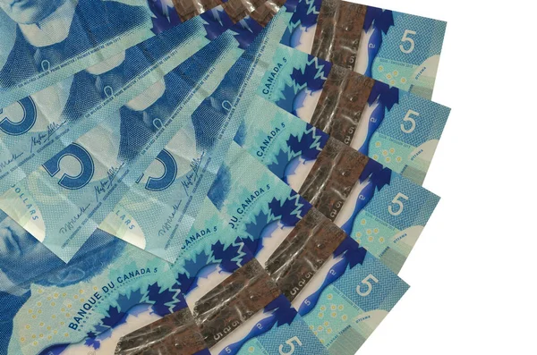 5 Kanadalı banknot beyaz arka planda izole bir şekilde duruyor ve fotokopi alanı da yakın planda. Finansal işlemler kavramı