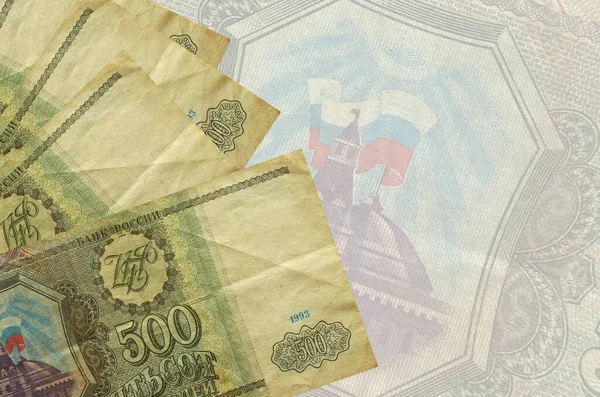 500 Российских Рублей Лежат Стопке Фоне Большой Полупрозрачной Купюры Аннотация — стоковое фото
