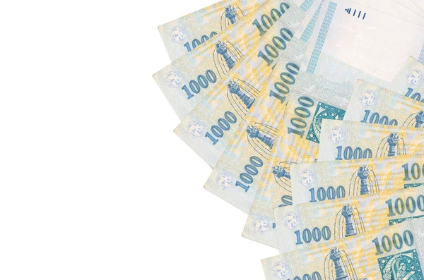 1000 Macar forint banknotu beyaz arka planda fotokopi alanı ile izole bir şekilde duruyor. Zengin yaşam kavramsal geçmişi. Büyük miktarda ulusal para birimi zenginliği