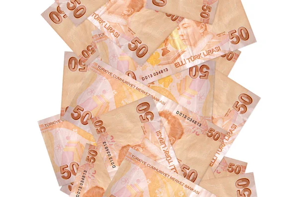 50 Türk lirası beyazın üzerinde izole bir şekilde uçuyor. Birçok banknot sol ve sağ tarafta beyaz kopya alanı ile düşüyor