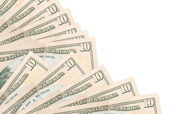 10 dolarlık banknotlar beyaz arka planda izole edilmiş, fotokopi alanı da yakın planda tutuluyor. Maaş zamanı kavramı veya finansal işlemler