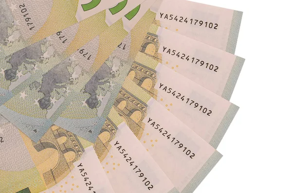 5 avroluk banknotlar beyaz arka planda izole edilmiş, fotokopi alanı da yakın planda. Finansal işlemler kavramı