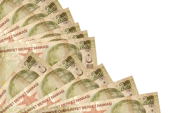 20 Türk lirası beyaz zemin üzerinde izole edilmiş, fotokopi alanı da yakında duruyor. Maaş zamanı kavramı veya finansal işlemler