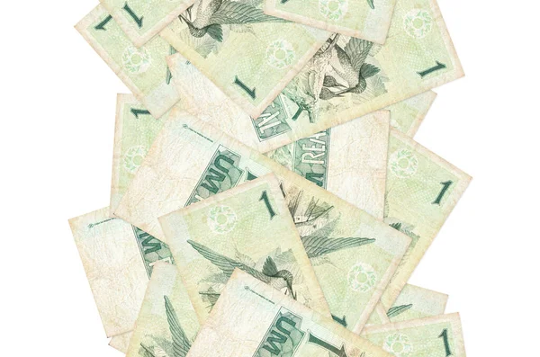 Brazylijskie Prawdziwe Banknoty Lecące Samotnie Białym Wiele Banknotów Spadających Białą — Zdjęcie stockowe