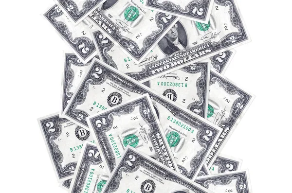 Dva Dolarové Bankovky Letí Dolů Izolované Bílém Mnoho Bankovek Padajících — Stock fotografie