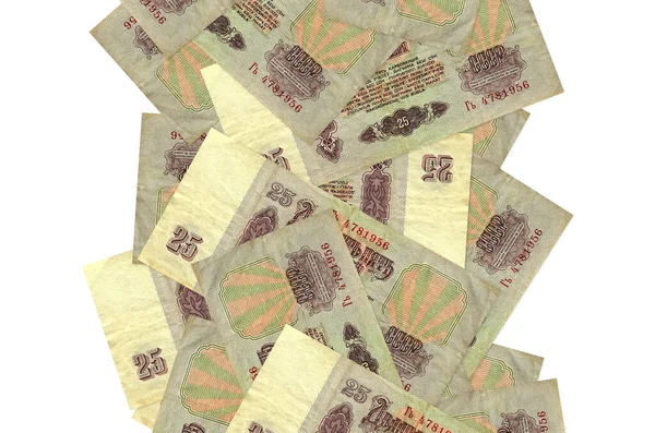 25 Rus rublesi beyazın üzerinde izole bir şekilde uçuyor. Birçok banknot sol ve sağ tarafta beyaz kopya alanı ile düşüyor