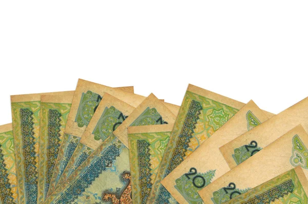 Ekranın alt tarafında 200 Özbekistanlı som banknot var. Beyaz arka planda, kopyalama alanı ile izole edilmiş. Paralı iş kavramları için arkaplan afişi şablonu