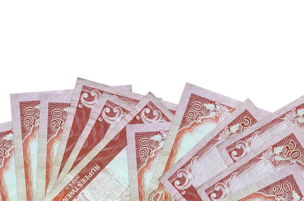 Ekranın alt tarafında 20 Nepal rupi banknot var. Beyaz arka planda izole edilmiş ve fotokopi alanı var. Paralı iş kavramları için arkaplan afişi şablonu