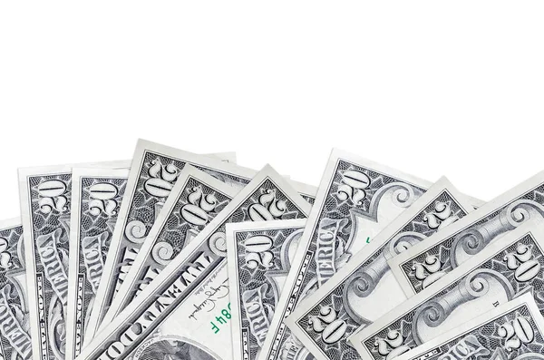 Ekranın alt tarafında 20 dolarlık banknotlar var. Beyaz arka planda izole edilmiş ve fotokopi alanı var. Paralı iş kavramları için arkaplan afişi şablonu