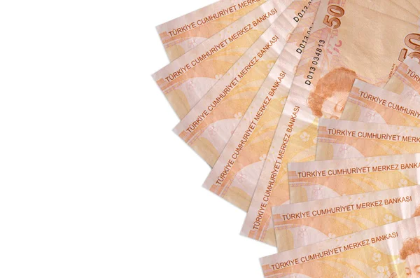 50 Türk lirası banknotlar beyaz arka planda, kopyalama alanı ile izole bir şekilde duruyor. Zengin yaşam kavramsal geçmişi. Büyük miktarda ulusal para birimi zenginliği