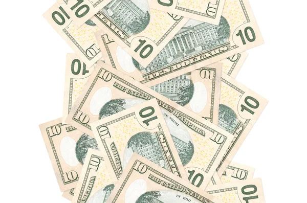 10 dolarlık banknotlar beyazın üzerinde izole bir şekilde uçuyor. Birçok banknot sol ve sağ tarafta beyaz kopya alanı ile düşüyor