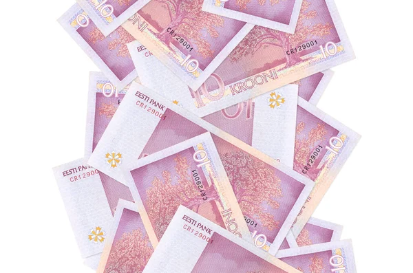 10 tane Estonya kroon banknotu beyazın üzerinde izole bir şekilde uçuyor. Birçok banknot sol ve sağ tarafta beyaz kopya alanı ile düşüyor