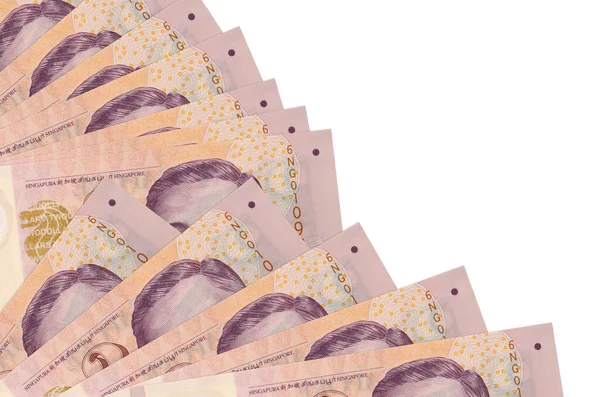 2 Singapur doları banknotlar beyaz arka planda izole bir şekilde duruyor ve fotokopi alanı da pervaneye yakın duruyor. Maaş zamanı kavramı veya finansal işlemler