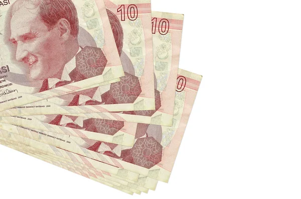 10 Türk lirası banknotlar küçük gruplar halinde ya da beyaz paketler halinde uzanıyor. Kopyalama alanı olan bir model. İş ve para değişimi kavramı