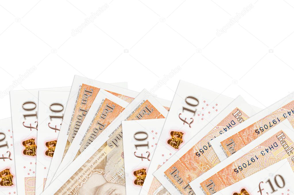10 British pounds bills lies on bottom side of screen isolated on white background with copy space. Background banner template for business concepts with money