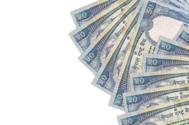 50 Nepal Rupisi banknotları beyaz arka planda fotokopi alanı ile izole bir şekilde duruyor. Zengin yaşam kavramsal geçmişi. Büyük miktarda ulusal para birimi zenginliği