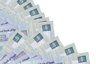 5 Mısır sterlinli banknotlar beyaz arka planda izole edilmiş, fotokopi alanı da pervaneye yakın duruyor. Maaş zamanı kavramı veya finansal işlemler